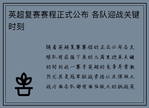 英超复赛赛程正式公布 各队迎战关键时刻